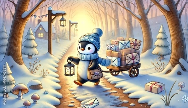 Obraz A Small Penguin Mail Carrier Embarks on a Whimsical Journey Along a Melting Snow Path, Delivering Magical Letters Through a Quiet, Sunlit Forest Toward Spring