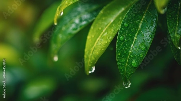Obraz Raindrops cling to the surface of bright green leaves in a garden, reflecting light in a peaceful atmosphere after a recent rainfall