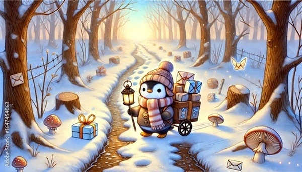 Obraz A Whimsical Spring Journey: A Tiny Penguin Mail Carrier Brings Light and Letters Along a Thawing Forest Path