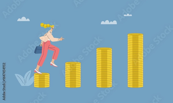 Fototapeta Female investor climbing gold coins stack steps on a pile of gold coins from bottom to top, Representing financial growth, Wealth and success from investing, Flat design vector illustration.