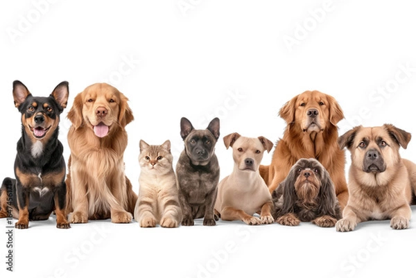 Fototapeta Diverse Canine and Feline Companions: A captivating portrait showcasing a delightful array of dogs and a solitary cat, each exuding charm and personality. From playful pups to a poised feline.
