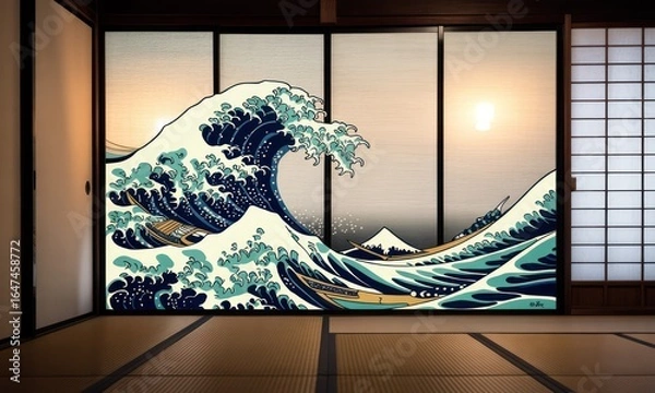 Fototapeta Large-scale, artistic, iconic wave print,  Japanese style room divider