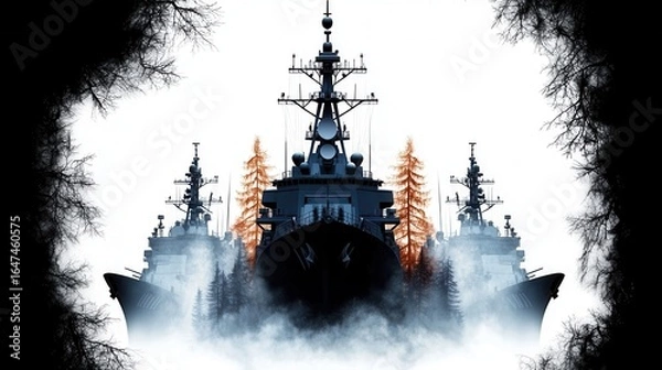 Fototapeta Pixel Art Featuring a Trio of Gray Military Ships with Orange Trees in a Digital Style