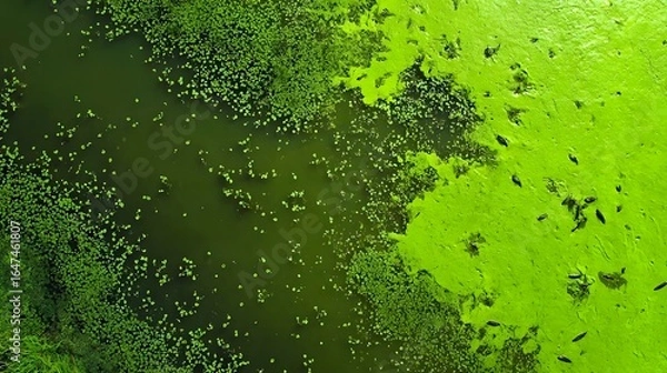 Obraz Aerial view of vibrant green algae bloom covering dark water surface with small plants and debris