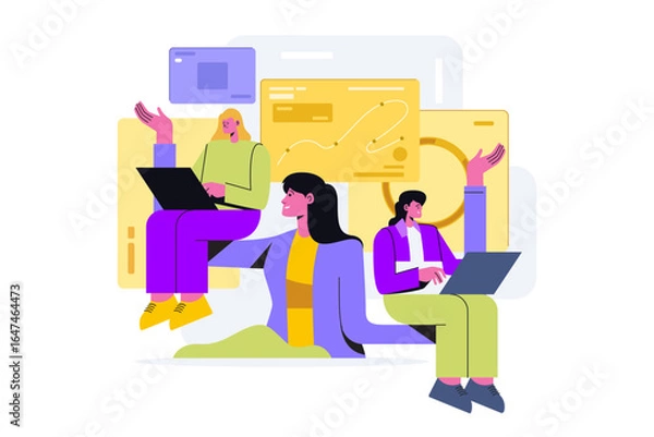 Fototapeta Flat Illustration of Business Team Working on Data Analysis and Digital Collaboration