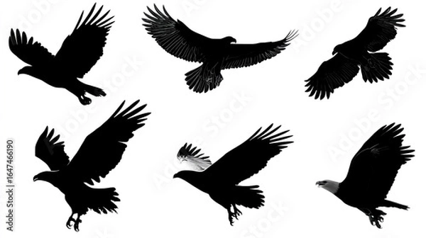 Fototapeta Vector black silhouette of a flying eagle in different poses on a white background