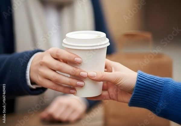 Fototapeta A person is handing a coffee cup to another person in a friendly exchange