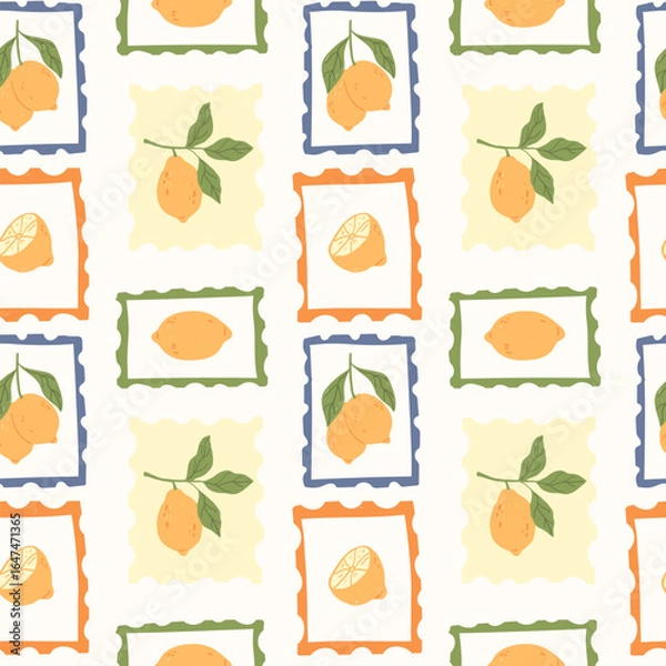 Fototapeta Seamless pattern of summer vintage stamps with lemons on a light background