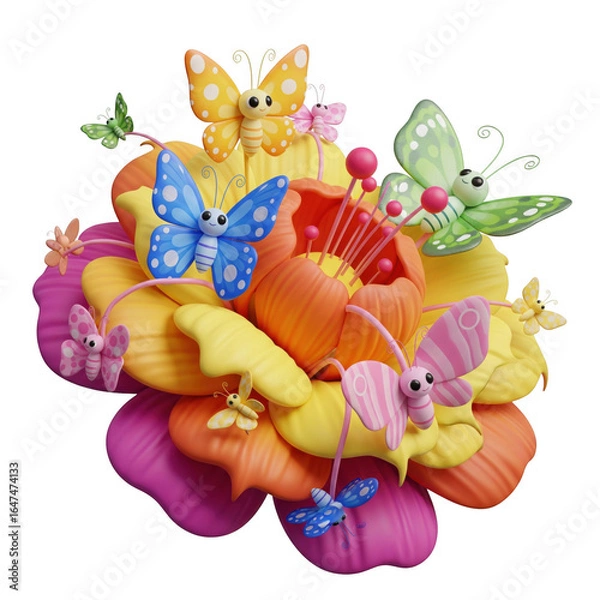 Fototapeta Stylized floral display with whimsical butterfly accents against dark backdrop