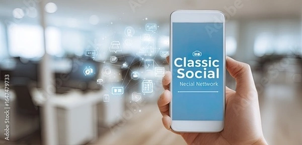 Fototapeta A hand holds a smartphone displaying a social networking app interface, overlaid with various digital icons, in a blurred office setting