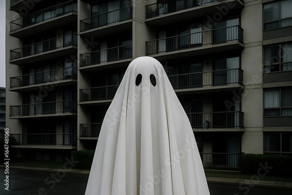 Obraz Hyper realistic ghost in white sheet in front of condominium