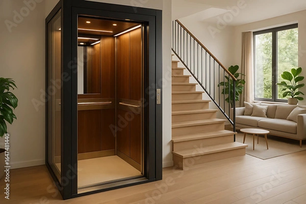 Obraz Residential Elevator Interior with Wooden Paneling and Modern Staircase