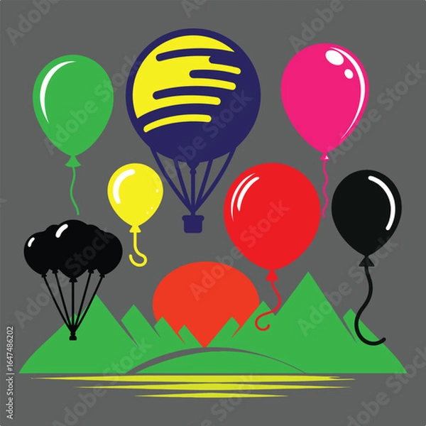 Fototapeta vector illustration of a colorful balloons, Black and white hot air balloons, Bundle of colorful balloons with strings.  birthday celebration icon.