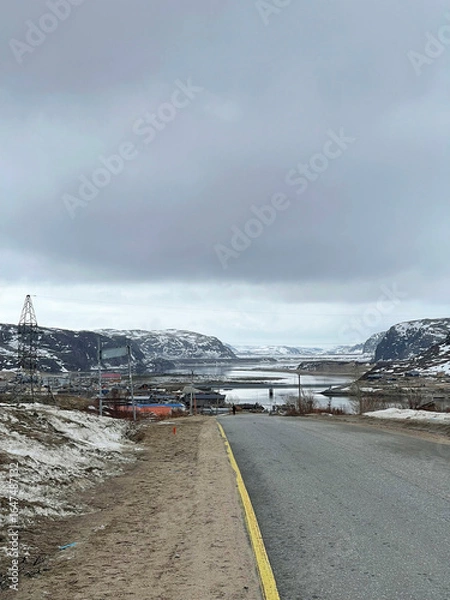 Obraz Road to Teriberka leading to a meandering river flowing into the Barents Sea, Russia