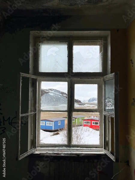 Obraz View from the window of abandoned school. Teriberka, Russia.