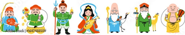 Fototapeta 横一列に並ぶ七福神のイラスト