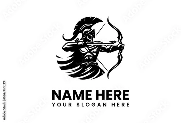 Fototapeta Black and white Spartan archer with feathered helmet drawing back bow.