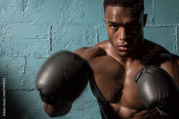 Fototapeta Boxer practices technique in training session against blue wall during evening workout at local gym