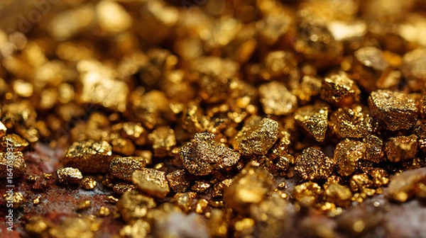 Fototapeta A close-up shot of a pile of gleaming gold nuggets, the product of hard work by seasoned prospectors (2)