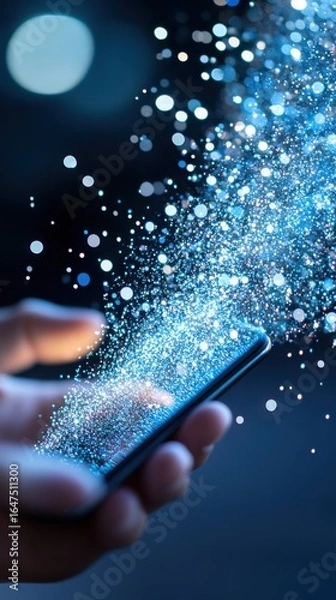 Fototapeta Glowing data stream rising from smartphone held by professional in modern office, with abstract symbols of charts and algorithms. Data scientist