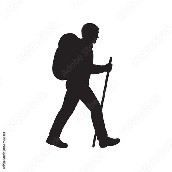 Fototapeta Silhouette of a hiker with backpack and walking stick on white background.