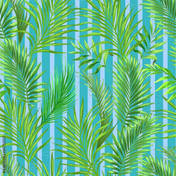 Fototapeta Green tropical palm leaves seamless vector pattern on the black background. Trendy summer print.	

