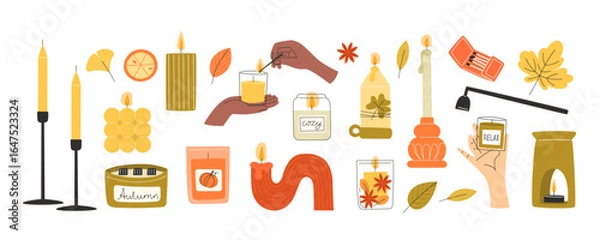 Fototapeta Large Autumn Fall Set of Decorative Modern Candles and Candle Holders in Flat Style for Cozy Home Decor Seasonal Celebration and Thanksgiving Interior Design Illustrations