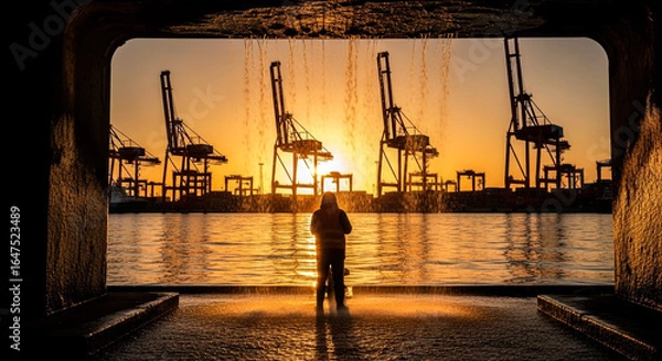 Fototapeta A solitary person stands facing a magnificent sunset their silhouette stark against the warm glow Industrial cranes dominate the horizon reflecting in the calm water