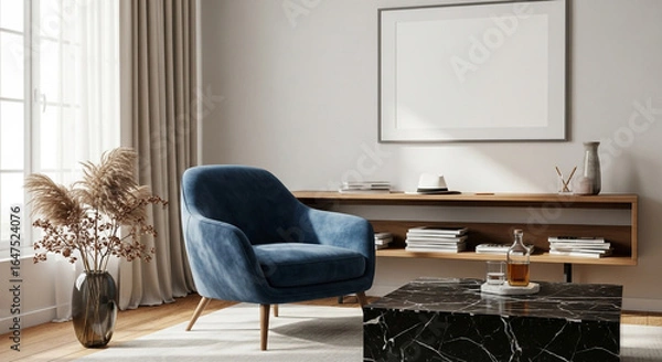 Fototapeta Elegant living room interior with a blank frame, showcasing modern design, comfortable furniture, and a minimalist aesthetic for a stylish home