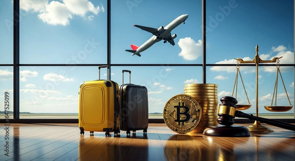Fototapeta A conceptual image depicting cryptocurrency legal scales and luggage against an airport backdrop with a plane in the sky symbolizing the intersection of finance law and travel