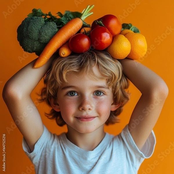Fototapeta Healthy eating for kids featuring fresh vegetables with a smiling boy holding vibrant produce on his head enjoying nutritious food