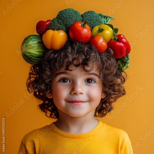 Fototapeta Fresh vegetables make healthy eating for kids fun and engaging with a boy showcasing a creative vegetable hat