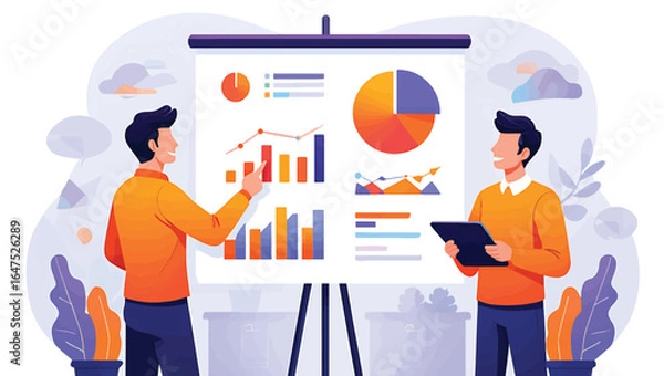 Fototapeta Two businessmen analyzing financial statistics on a presentation board with charts and graphs during a corporate meeting. Vector illustration concept.