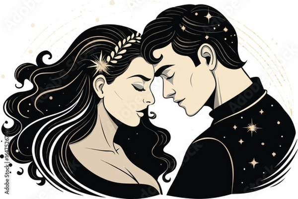 Fototapeta A couple holds hands as stars and flowers swirl around them