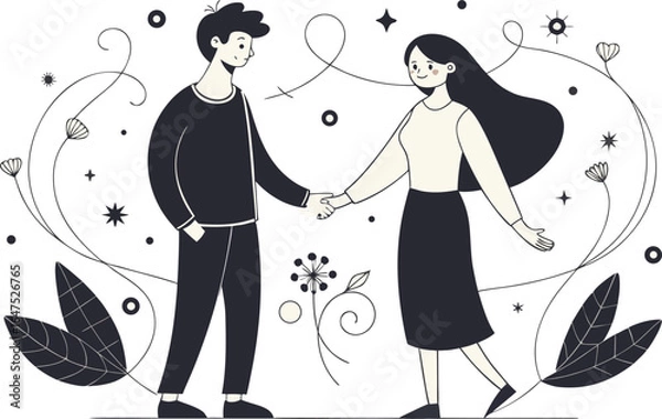 Fototapeta A couple holds hands as stars and flowers swirl around them