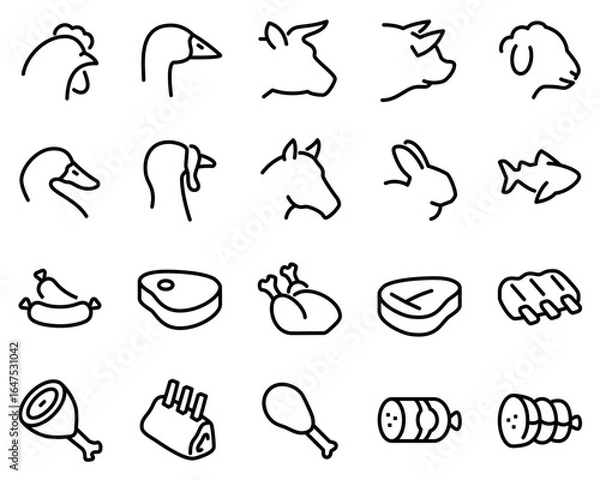Fototapeta Simple set of meat vector icons. Contains icons such as pork, beef, goose, rabbit, duck, horse, turkey, fish and more.	