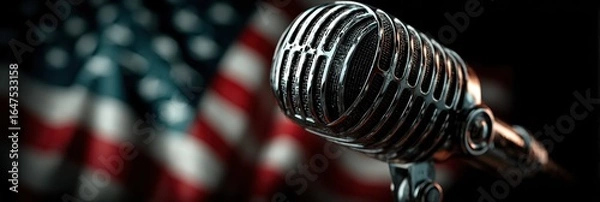 Obraz Vintage microphone stands in front of an American flag, capturing the essence of patriotic music and celebration