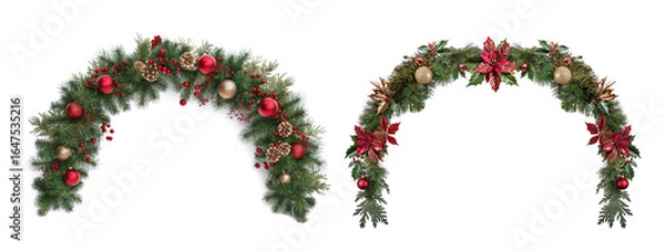 Fototapeta Festive Arches of Joy: Two elegant, arched Christmas decorations, adorned with vibrant ornaments and lush greenery, creating a picture of festive warmth.