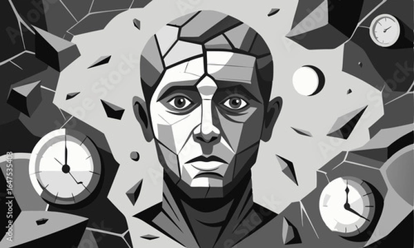 Fototapeta Download  A Surreal, Monochromatic Image Featuring The Profile Of A Human Face Made Of Cracked, Fragmented Material . This Icon Concept Isolated Premium Vector. 
