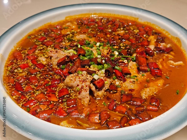 Fototapeta fresh slices of pork meat in the red spicy soup with red peppers in the plate