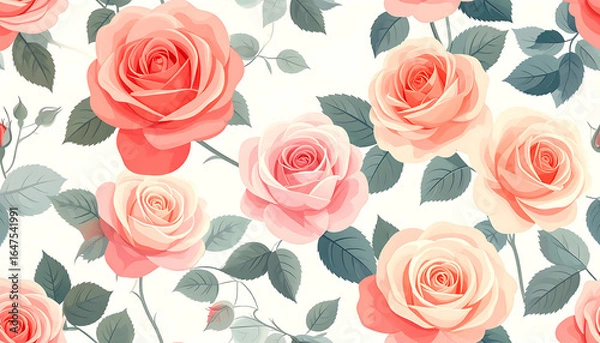 Fototapeta Seamless vector pattern of roses in soft pastel color palette	