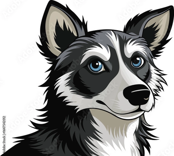 Fototapeta A cheerful black-and-white cartoon dog, border collie style, stands smiling with a wagging tail
