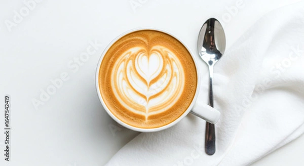 Fototapeta This overhead shot showcases a creamy latte with delicate latte art resembling a heart A shiny silver spoon rests beside the cup all presented on a clean white background
