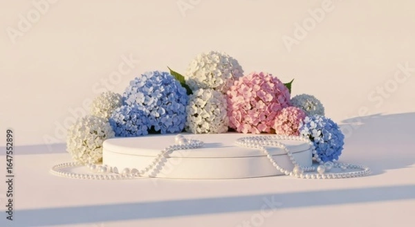 Fototapeta Elegant floral arrangement on a white pedestal with pearls pastel hydrangeas soft lighting still life image display studio photography decorative arrangement