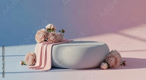 Fototapeta Elegant light gray pedestal displayed with delicate pink flowers and fabric pastel colors product presentation