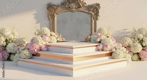 Fototapeta Elegant white flower arrangement on a three tiered display platform with rose gold accents