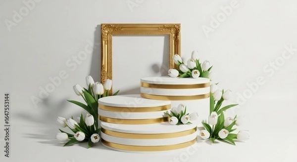 Fototapeta Elegant white podium display with gold accents and white tulips ideal for product photography and presentation