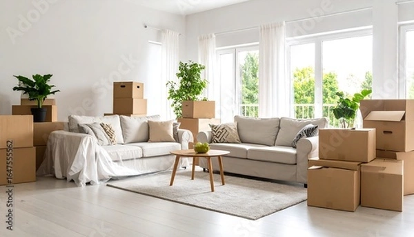 Obraz Bright living room filled with packed cardboard boxes, moving day concept