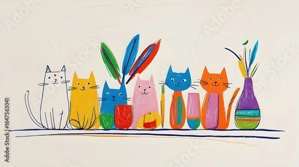 Fototapeta a colorful scribble painting depicting a cat hiding in a flower vase