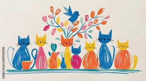 Fototapeta a colorful graffiti painting depicting a cat with its body in a flower vase
